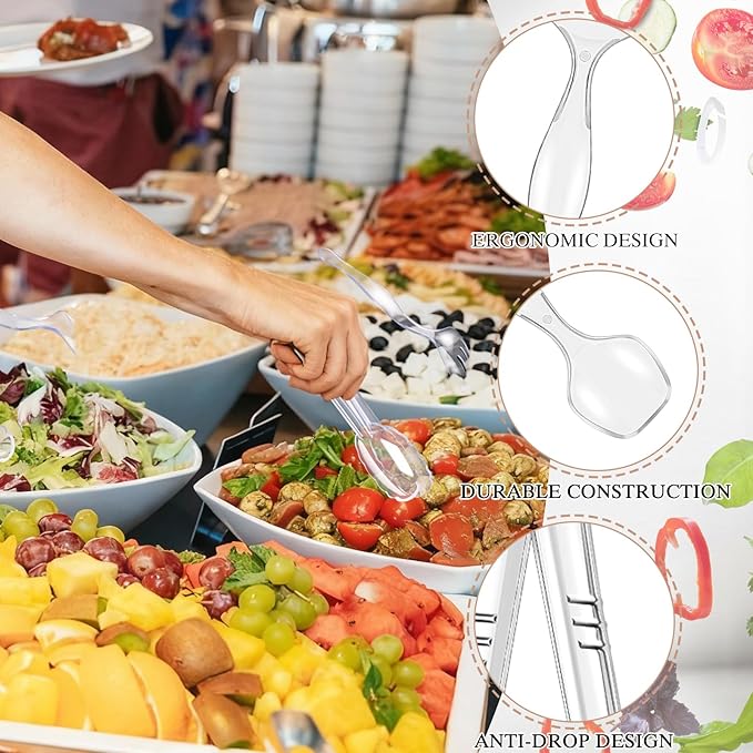 Mwellewm 72Pcs Serving Utensils 9'' Large Plastic Serving Utensils Set Serving Spoons for Buffet Clear Disposable Plastic Tongs Heavy Duty Slotted Spoons/Forks Supplies for Party Food Salad Soup
