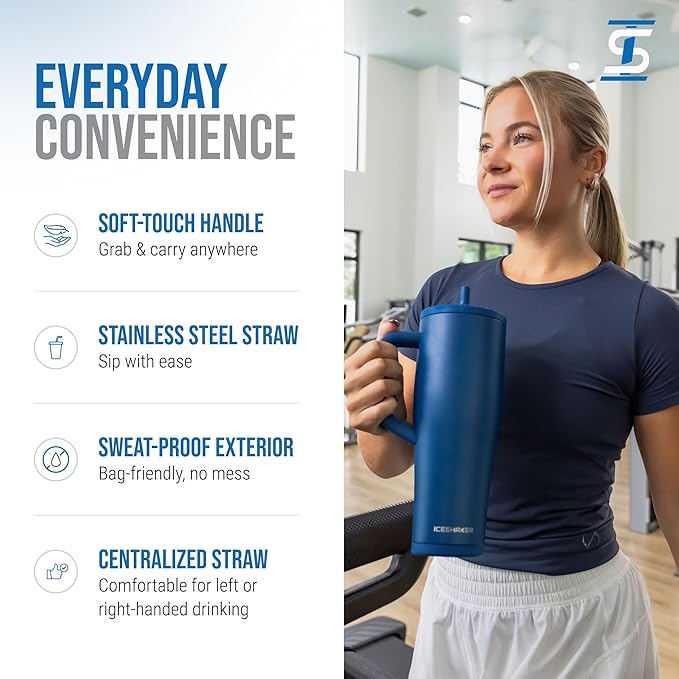 Ice Shaker 40 oz Tumbler with Handle and Straw | 40oz Navy | Cold for 30+ Hours | 2-in-1 Tumbler Shaker Bottle | Odor-Free 40 ounce Bottle for Water, Protein Shakes, Smoothies, Cocktails