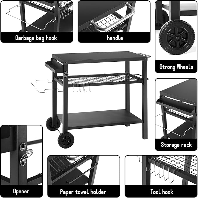 Kendane Grill Cart Table with Three Shelf, Movable Outdoor Dining Cart Pizza Oven Stand with Three Hooks, Kitchen Cart Island Multifunction Food Prep Table (Black)