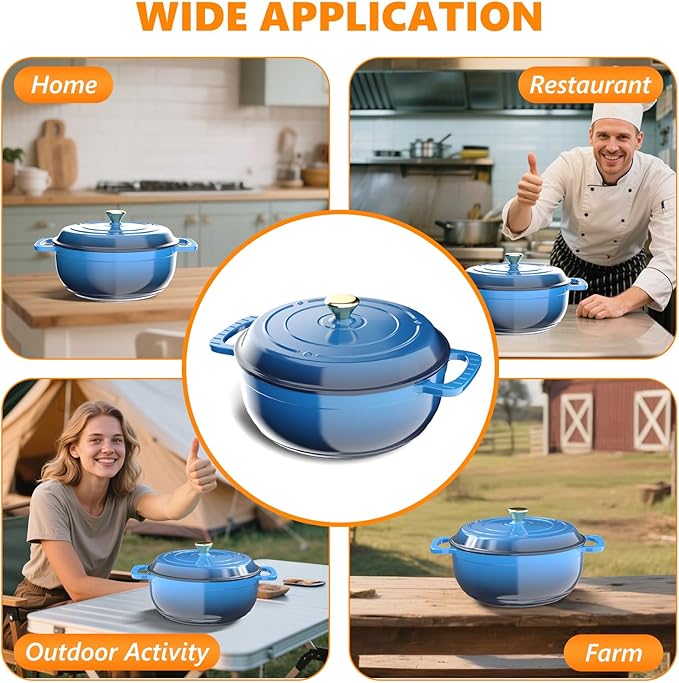 Bonnlo 6QT Round Dutch Oven, Enameled Cast Iron Dutch Oven Pot with Lid & Dual Handles, Oven Safe Up to 500째 F, for Sourdough, Bread Baking, Stews and Roasting (Blue)