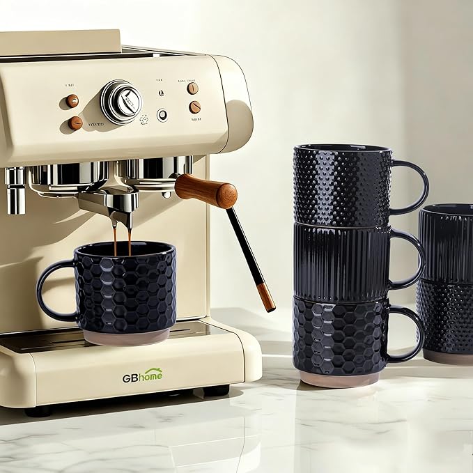 GBhome 12OZ Stackable Coffee Mugs, Ceramic Coffee Mugs with Texture Patterns for Man,Woman,Dad,Mom, Modern Coffee Mugs Set of 4 for Latte/Cappuccino/Cocoa. Dishwasher&Microwave Safe, Black