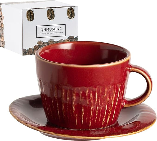 Ceramic Latte Cup with Saucer, 7 oz, Coffee Mug, Espresso Cups for Cappuccino, Milk Tea and Mocha, Dishwasher and Microwave Safe (red)