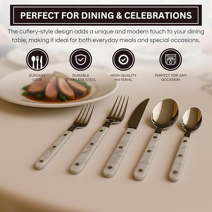 Khen 20-Piece Cutlery Set ??Includes Dinner Knives, Forks, Spoons, Salad Forks & Teaspoons ??Dishwasher Safe Cutlery Set for Home, Kitchen, Parties & Special Occasions ??Carrera Pattern Handles