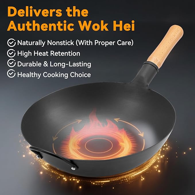 WANGYUANJI 13.4" Round-Bottom Iron Wok, Deep Chinese Stir-Fry Pan (Seasoning Required), Wok Ring Required, Not Flat-Top/Induction ??No Lid, No Ring,Wooden Handle, Coating-Free