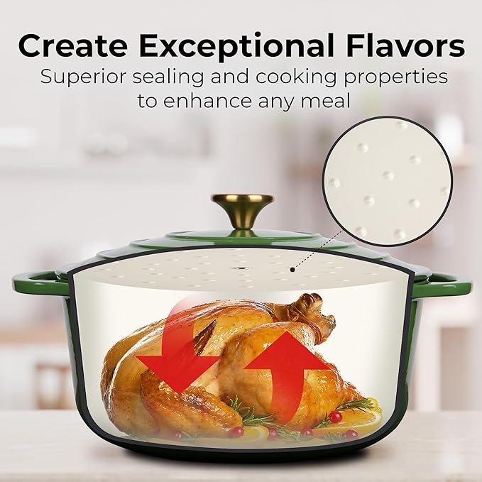 Zulay Kitchen 6 Quart Enameled Cast Iron Dutch Oven Pot with Lid ??Premium Durability & Oven Safe up to 500째F ??Heavy Duty Cookware Perfect for Bread Baking, Stews, Braising & Roasting ??Green
