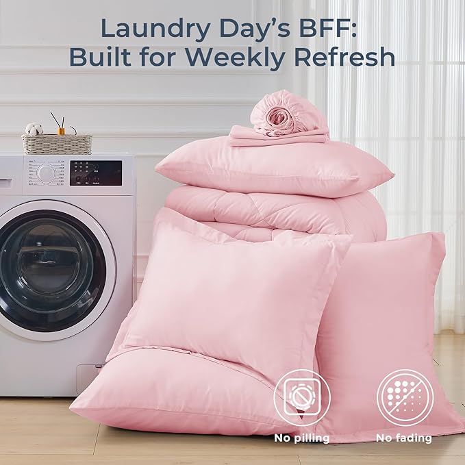 HEVUMYI Pink King Comforter Set - 7-Piece All Season Bed in a Bag King, Ultra Soft Bedding Set with Comforter, Flat Sheet, Fitted Sheet, Pillowcases, Pillow Shams, Pink