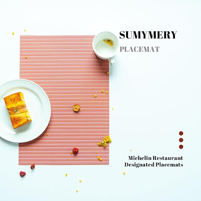 SUMYMERY Placemats Set of 8 Vinyl/Plastic Woven Place Mats for Kitchen Table Indoor/Outdoor Washable Placemat Wipeable Dining Table Mats (Red Stripes,8)