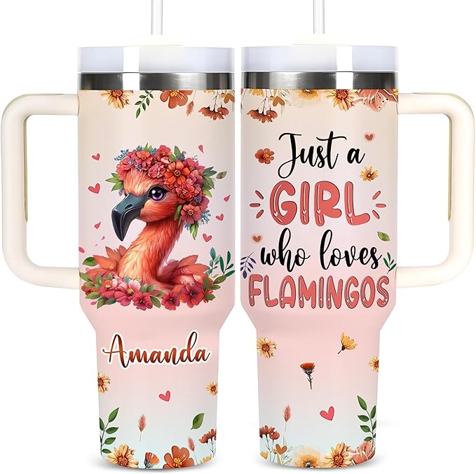 AGGLOMEKC Personalized Cute Flamingo Cup - Mother's Day Birthday Gift For Animal Lovers - Just A Girl Who Loves Flamingo Tumbler 40oz With Custom Name - Pet Lover Gifts For Women, Her