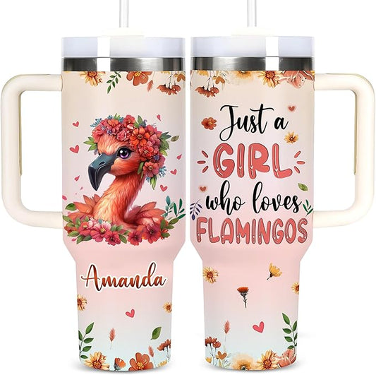 AGGLOMEKC Personalized Cute Flamingo Cup - Mother's Day Birthday Gift For Animal Lovers - Just A Girl Who Loves Flamingo Tumbler 40oz With Custom Name - Pet Lover Gifts For Women, Her