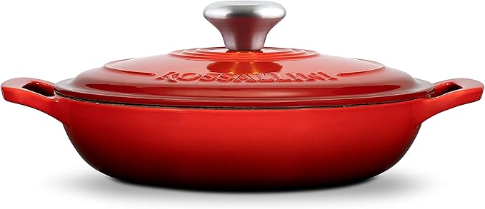 Signature Enameled Cast Iron Braiser, Non-Stick Serving Pot with Tight Fitting Lid for Perfect Roasting, Baking, Sauteing, Searing, and Pan Frying | 3.5Q (3.3L) - Red