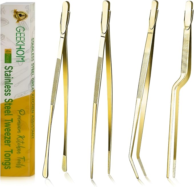 GEEKHOM Professional Stainless Steel Fine Tongs: 4-Pcs 12-Inch with Serrated Tips for Culinary Use & Serving (Gold)