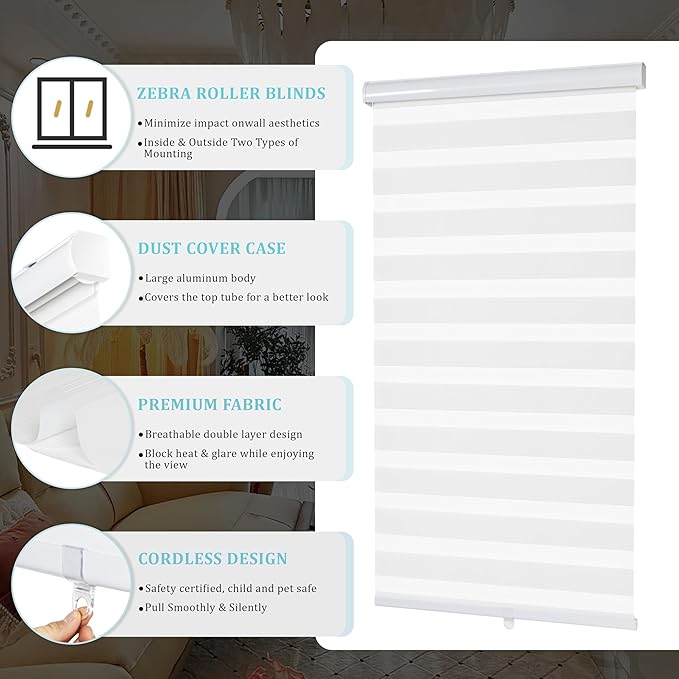 Zebra Blinds for Windows, Roller Window Shades, Blackout Blinds for Windows, Cordless Dual Layer Roll Up Blind Control for Day and Night, 36" W X 72" H, White