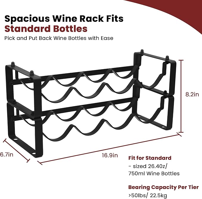 Small Wine Rack for 8 Bottles ??Expandable & Stackable Metal Wine Rack for Cabinet, Countertop, Floor, or Small Spaces ??Compact Wine Storage Shelf for Kitchen, Bar, or Pantry (2 Tier, Black)