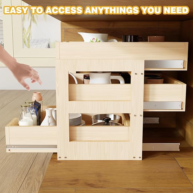 Pull Out Cabinet Organizer, 20''W횞21''D횞19''H Soft Close Slide Out Wooden Pull out Drawers, Three Tier Slide out Wood Cabinet Organizer, for Base Cabinet Organization in Kitchen, Pantry, Bathroom