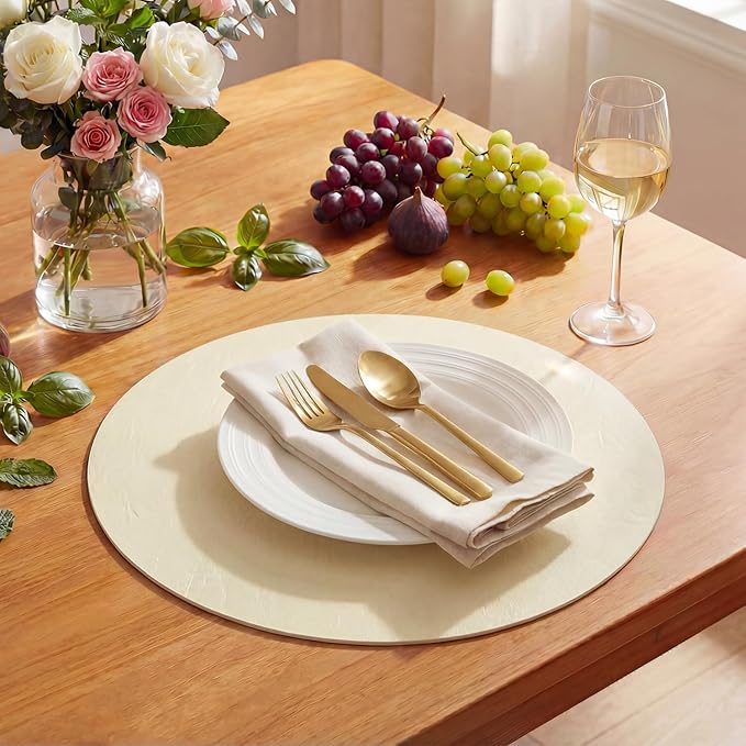 Artoid Mode Beige Faux Leather Placemats Set of 4, 15 Inch Waterproof Wipeable Heat Resistant Place Mats, Reversible Table Mats for Kitchen Dining Decor