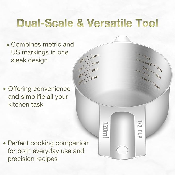 BERYLER 2PCS 1/2Cup (120ml, 4oz) Single Measuring Cup, Etched Inner Scale Stainless Steel Measure Scoop, Metric and US Measurement, Dishwasher Safe