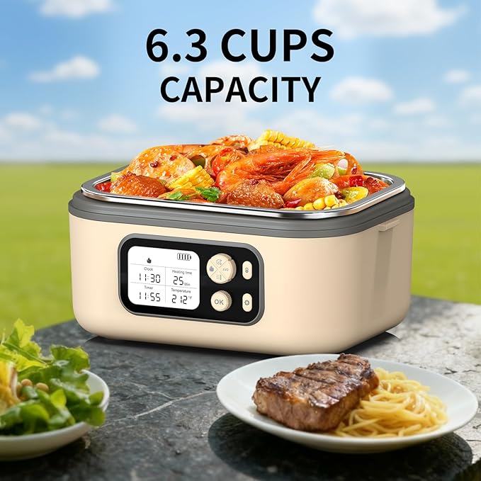 EDCREATY Cordless Electric Heated Lunch Box, 1.5L 6.3Cups 24000mAh Rechargeable Battery Self-Heating Lunch Box, Smart Timer, Even Heating, 100W Portable Food Warmer for Office, Picnic, Car, Outdoor