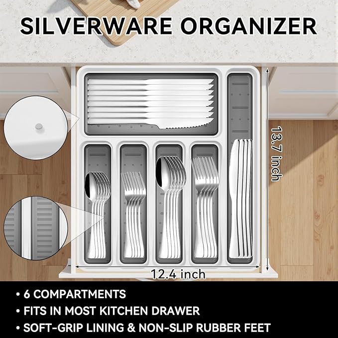 49-Piece Stainless Steel Silverware Set with Cutlery Organizer, Service for 8 with Steak Knives and Kitchen Utensils (49PCS Silverware with Tray)