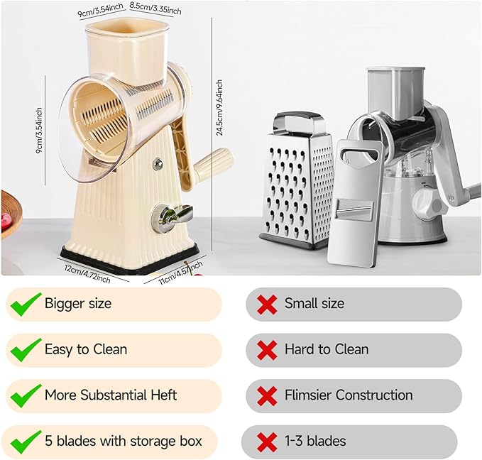 Xilrvna RotaryCheese Grater,VegetableShredder 5 in 1 Cheese Grater with HandleedderReinforcedSuction,EasytoClean,KitchenChopperforCrushedIce,Fruits and Nuts with Blade Storage Case竊늋hite