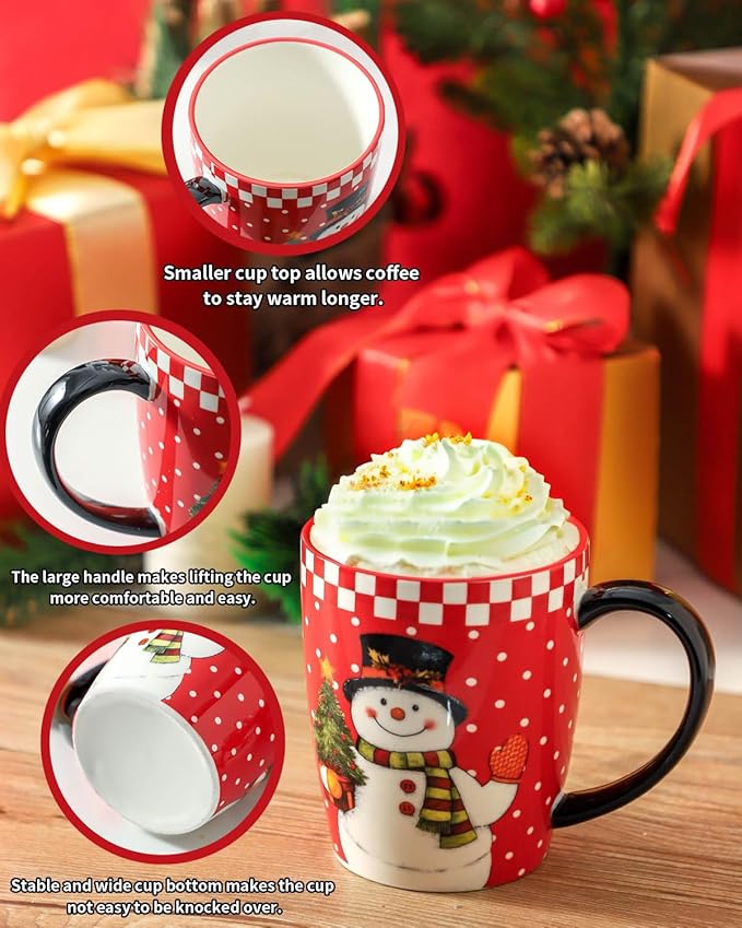 HASENSE Christmas Coffee Mugs Set of 4,15 oz Ceramic Holiday Cups with Handles, Matching Xmas Mugs for Hot Cocoa,Coffee or Tea,Ideal Xmas Gifts for Family,Friends,and Holiday Parties,Colorful