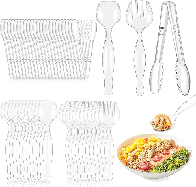 Mwellewm 72Pcs Serving Utensils 9'' Large Plastic Serving Utensils Set Serving Spoons for Buffet Clear Disposable Plastic Tongs Heavy Duty Slotted Spoons/Forks Supplies for Party Food Salad Soup