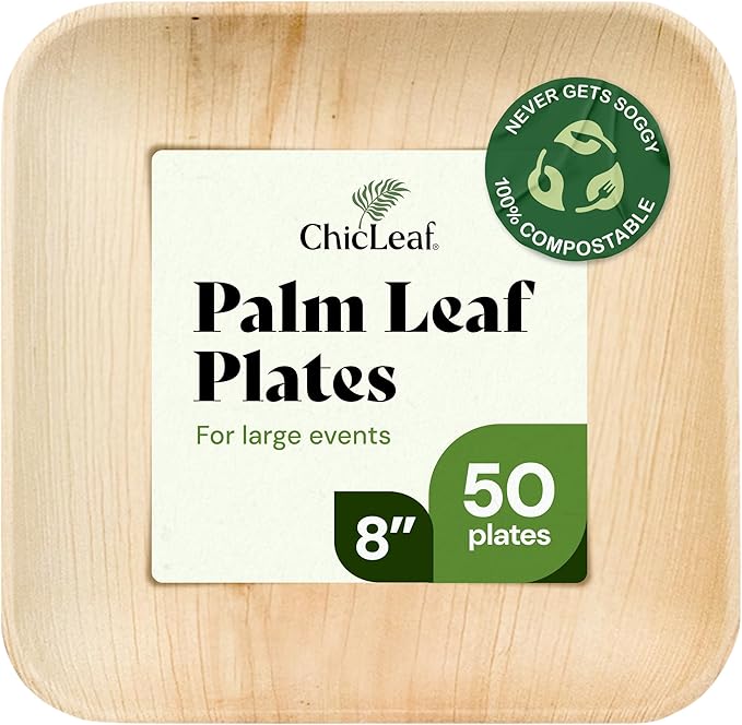 Chic Leaf Disposable Palm Leaf Plates - 50 Count, 8" Square, Christmas Meal - Bamboo Plates, Biodegradable & Compostable - Microwave Safe & Heavy Duty - Event & Party Supplies - Wedding Decor