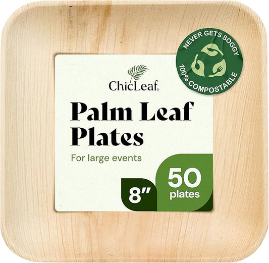 Chic Leaf Disposable Palm Leaf Plates - 50 Count, 8" Square, Christmas Meal - Bamboo Plates, Biodegradable & Compostable - Microwave Safe & Heavy Duty - Event & Party Supplies - Wedding Decor