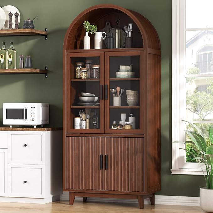Kitchen Pantry Cabinet with Glass Doors - Arched Design, Solid Wood Legs, Artistic Fluted Door, Adjustable Shelves, 70.8" Curved Storage Cabinet for Kitchen, Dining Room