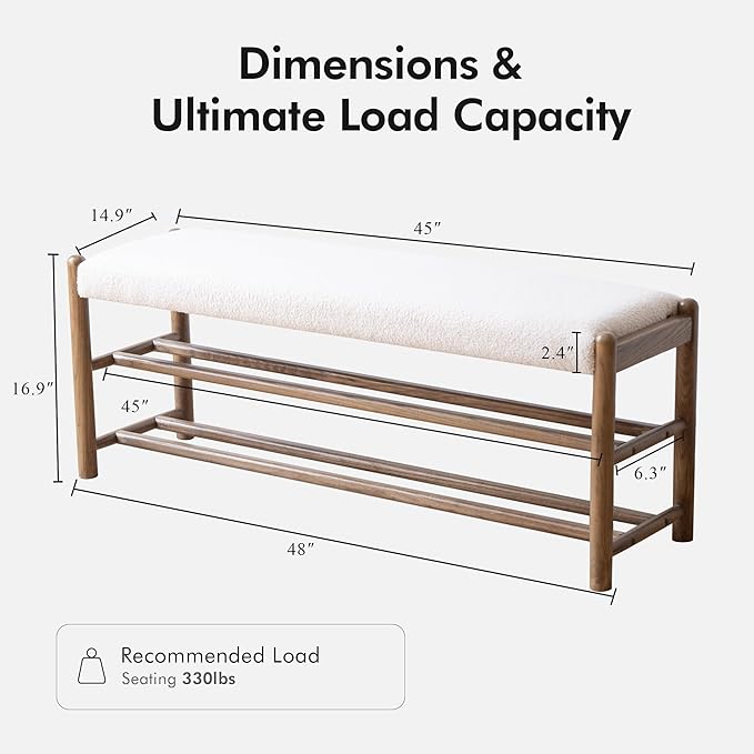 XINNAN Solid Wood Entryway Bench with Shoe Storage, Rustic Oak Wood and Sherpa Fabric 45 Inch Long Seating for Living and Dining Rooms, 3-Tier White
