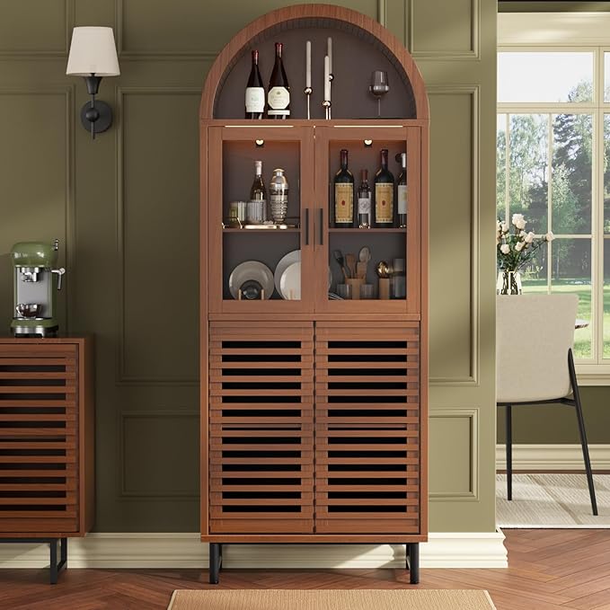 Kitchen Pantry Cabinet with Glass Doors - Arched Design, Metal U Legs, Artistic Slatted Door, Adjustable Shelves, 78.4" Curved Storage Cabinet for Kitchen, Dining Room