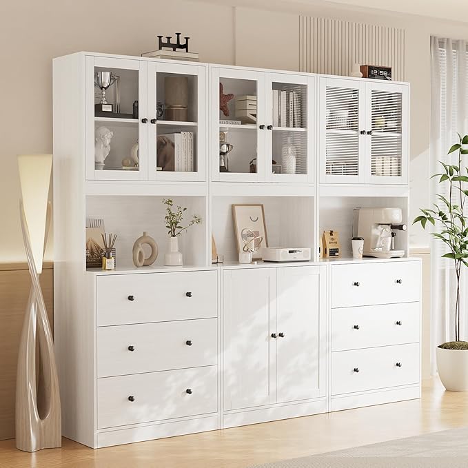 VOWNER 3PCS Bookshelf and Bookcase, 5-Tier Modern Bookshelves with 3 Large Drawer, Glass Display Cabinet with Lager Storage Shelf, Combination Storage Shelves for Home Office, White (BAB)