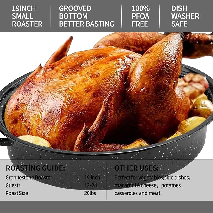 Granite Roaster Pan, 19??Enameled Roasting Pan with Domed Lid. Oval Turkey Roaster Pot, Broiler Pan Great for Turkey, Chicken, Lamb, Vegetable. Dishwasher Safe Cookware Fit for 20Lb Turkey by Kendane