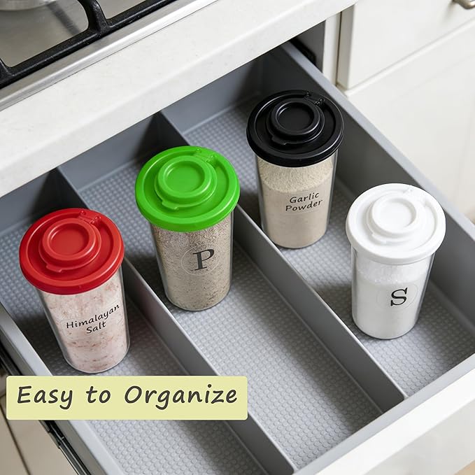 Plastic Salt and Pepper Shakers Set with 4 Color Lids & 20 Labels ??Clear Spice Jars, Reusable, Refillable Seasoning Containers for Kitchen, Cooking, Baking ??Easy Storage & Organization