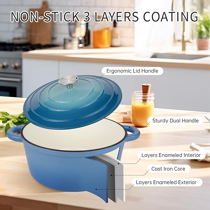 6 Quart Enameled Cast Iron Dutch Oven Pot with Lid and Silicone Accessories, Oven Safe up to 500째F or on Stovetop, Non-stick Dutch Oven for Bread Baking, Cooking, Dual Handles Cookware, Light Blue