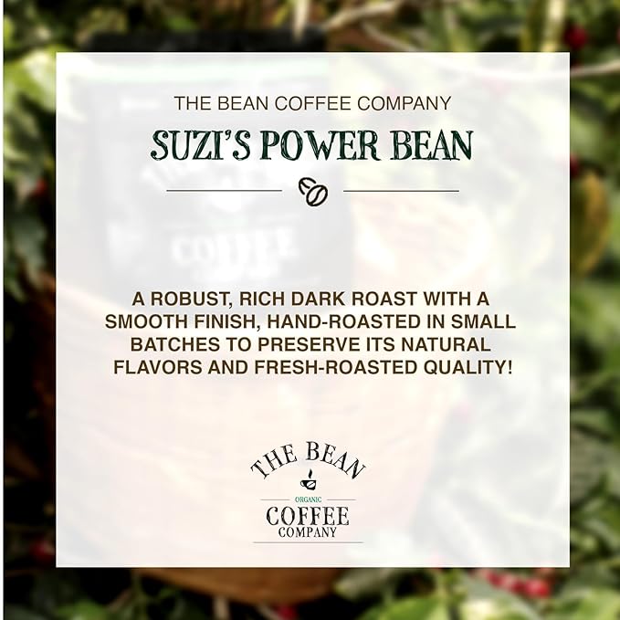 The Bean Organic Coffee Company Suzi's Power Bean, Dark Roast, Ground Coffee, 16-Ounce Bag, Caf챕 molido tostado org찼nico