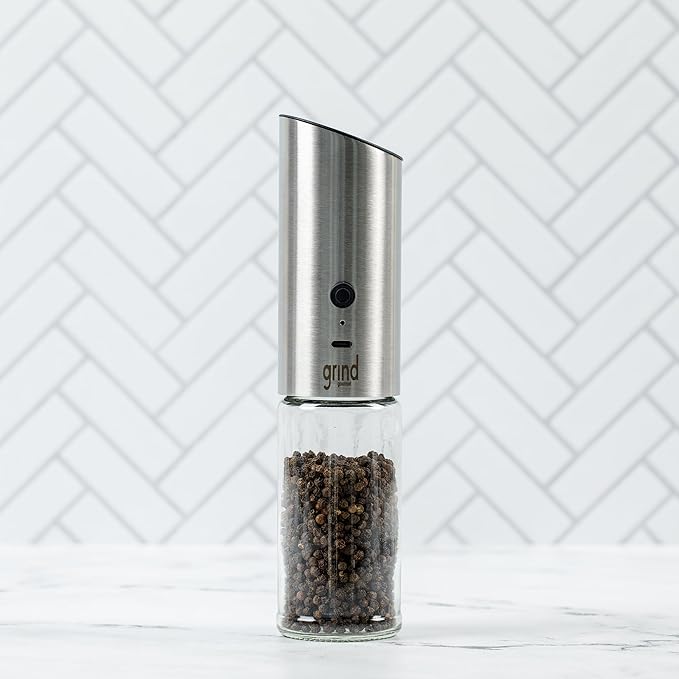 Grind Gourmet Automatic Electric Salt or Pepper Grinder Mill, Gravity Activated Pepper Grinder, Battery Operated with LED Light, Adjustable Coarseness, Home & Kitchen Small Appliance, Cooking Tool