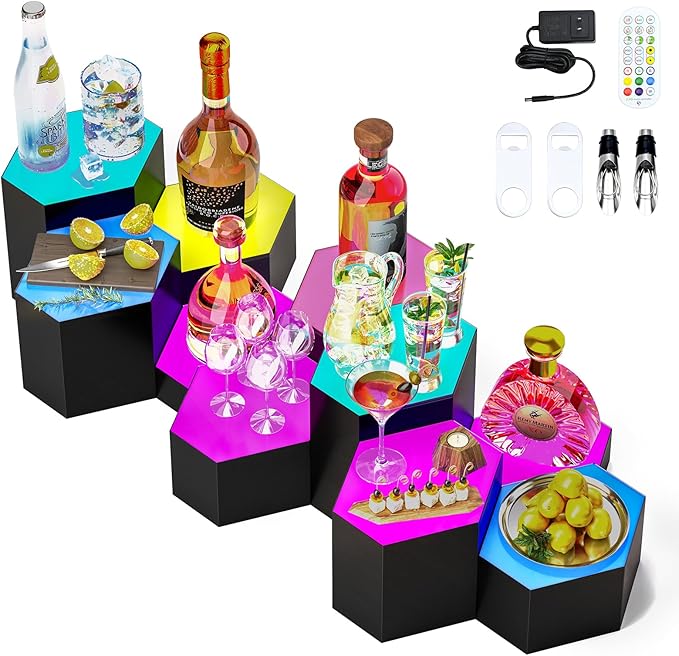 Dethan Hexagon Lighted Liquor Bottle Display Shelf - Wall-Mounted Wine Rack with Multi-Color App & Remote Control, Adjustable Brightness & Sound Modes, Acrylic Bar Shelves for Club Displays