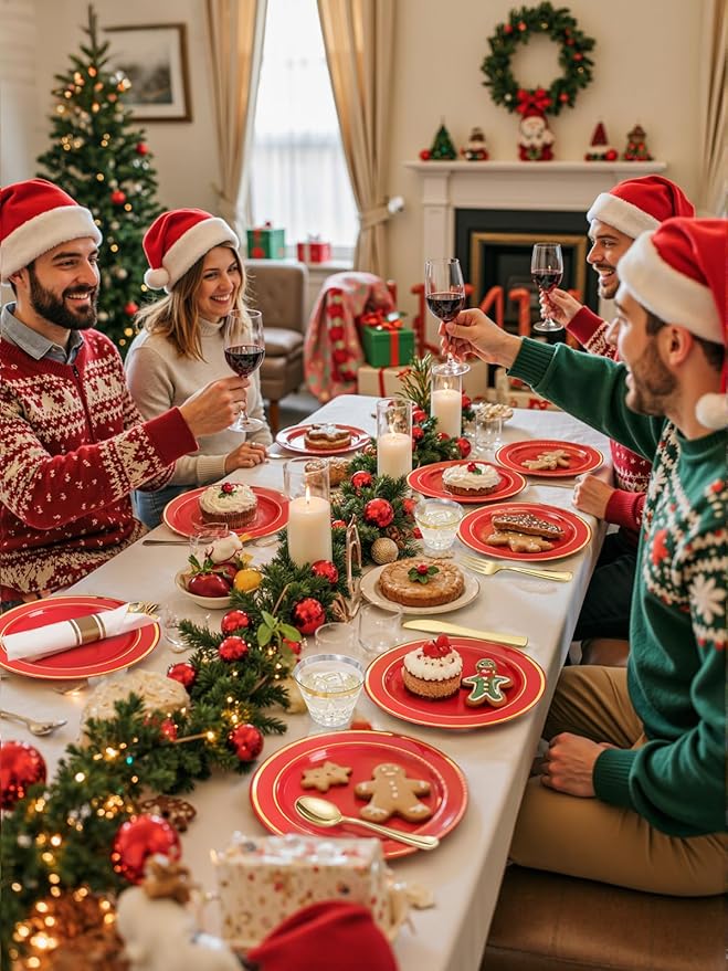 350Pieces Red Plastic Plates with Gold Rim Include 50Dinner Plate 10?? 50Dessert Plate 7?? 50 gold Cups 9 OZ, 50 Pre Rolled Napkins for Party Valentine's Day