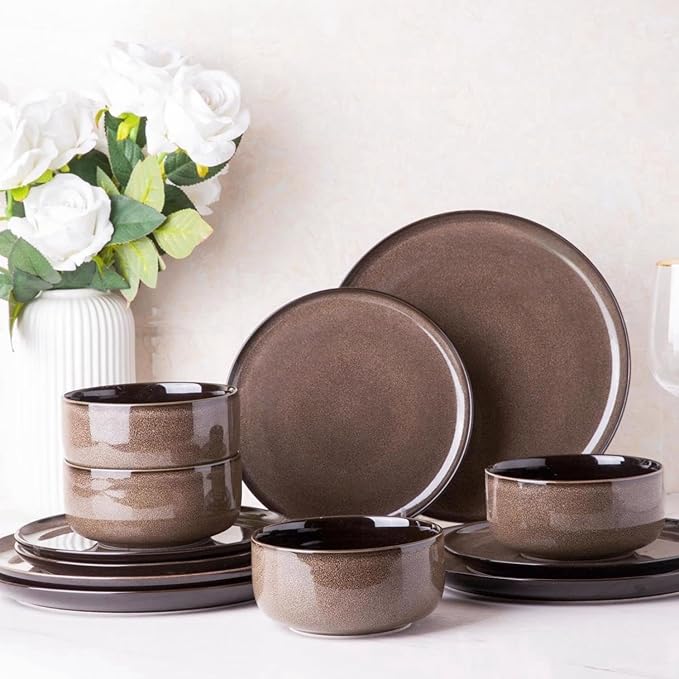 LeRatio Ceramic Dinnerware Sets for 4,12-Piece Plates and Bowls,Handmade Reactive Glaze Dishes Set, Scratch Resistant | Oven&Dishwasher & Microwave Safe,Service for 4竊?2pcs),Modern-Chestnut