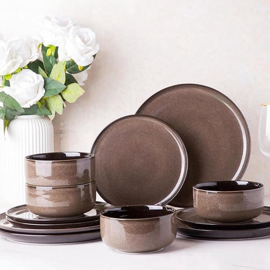 LeRatio Ceramic Dinnerware Sets for 4,12-Piece Plates and Bowls,Handmade Reactive Glaze Dishes Set, Scratch Resistant | Oven&Dishwasher & Microwave Safe,Service for 4竊?2pcs),Modern-Chestnut
