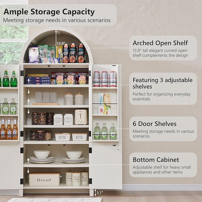 71" Tall Arched Kitchen Pantry, Modern Fluted Wood Storage Cabinet with 4 Doors, 3 Adjustable Shelves, 6 Door Shelves, Organizer, Versatile Cupboard for Kitchen, Bathroom, Antique White