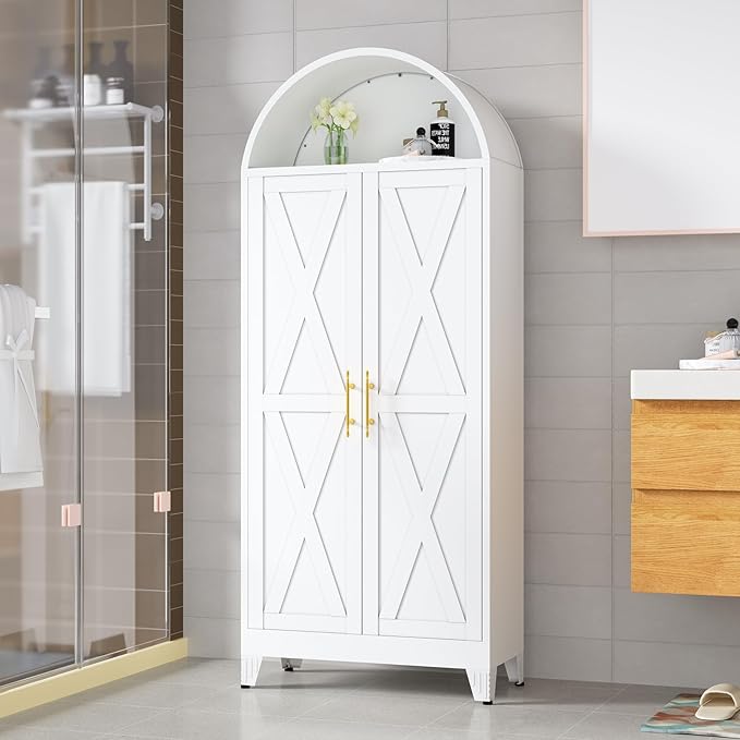 73"H Metal Tall Arched Kitchen Pantry Cabinet, Modern Farmhouse China Storage Cabinets with 2 Door and Adjustable Shelves, Versatile Cupboard for Kitchen, Dining Room, Bathroom, Bedroom（White）