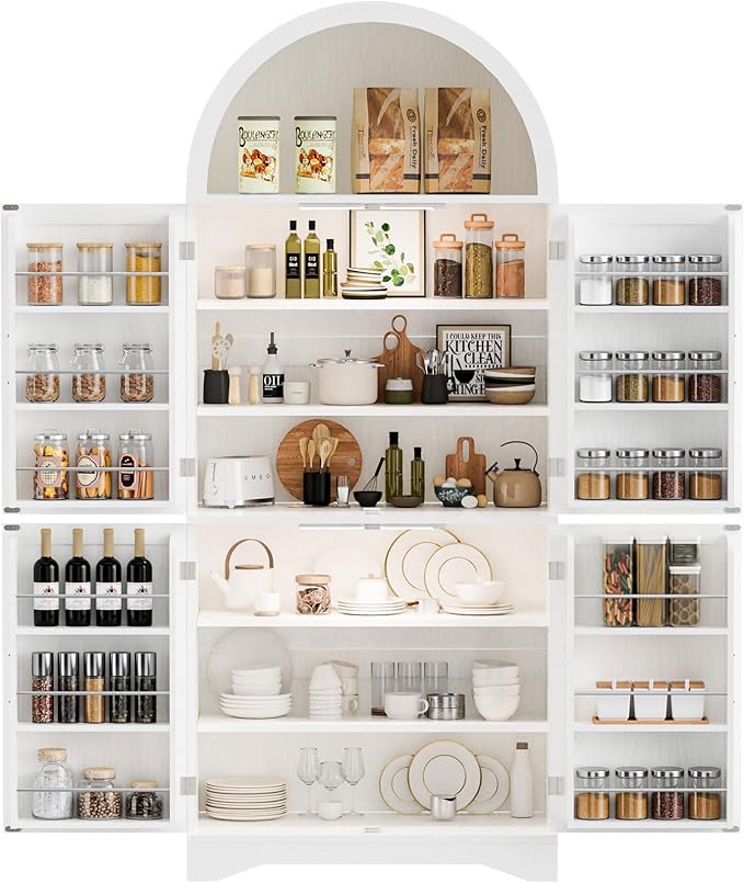Arched Pantry Cabinet, 70" Tall Arched Cabinet with Adjustable Shelves and Induction 3 Color Lights, Kitchen Pantry Cabinets, Cupboard with Barn Doors for Kitchen or Living Room, White