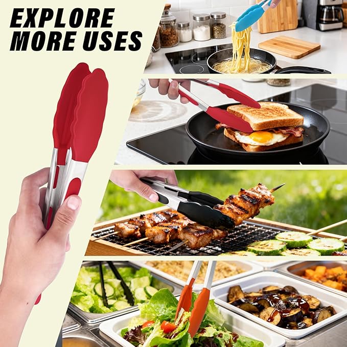 Salad Tongs, 7/9/12/16 Inch Silicone Food Tongs with 304 Stainless Steel Core, Easy-Grip, in Pistachio, Black, Blue, Orange, Red (Red, 12inch)