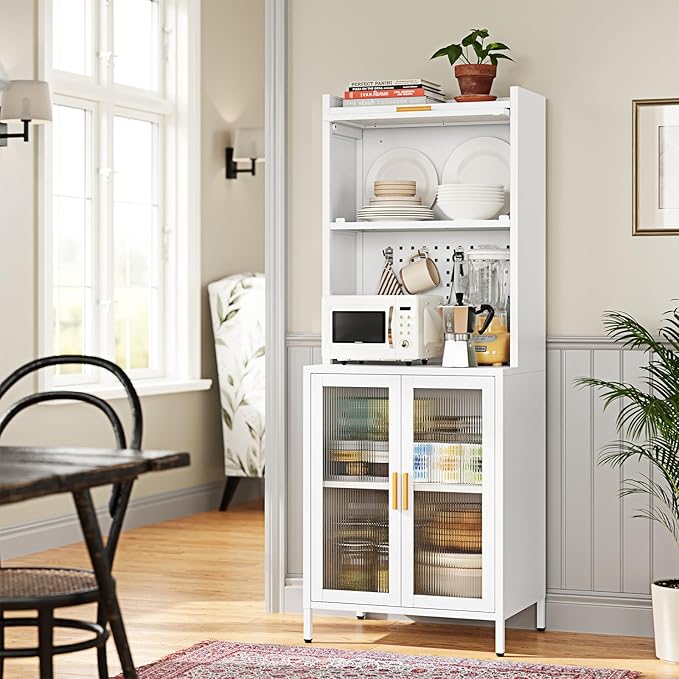 Letaya Metal Kitchen Pantry Cabinet,63" Tall Kitchen Bakers Rack with Storage, Coffee Hutch with countertop,Metal Microwave Stand with Glass Doors for Dining Room, Laundry, Hallway,White