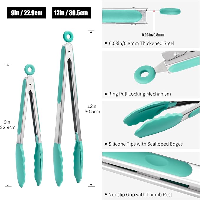 Doosu Kitchen Tongs for Cooking - 600째F Heat Resistant Food Tong Set with Non-Scratch Silicone Tips, Heavy Duty Stainless Steel Locking Tong for BBQ, Grilling Steak, Serving Salad (9+12in, Aqua Sky)