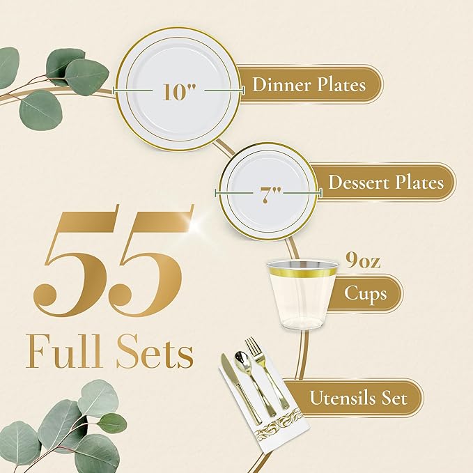 Reli. Plastic Plates for Party | 385 Pieces | White w/Gold Rim | Plates and Napkins Party Supplies | Disposable Dinnerware Set for 55 Guests | Dinner & Dessert Pack, Gold Cutlery Set, Napkins, Cups