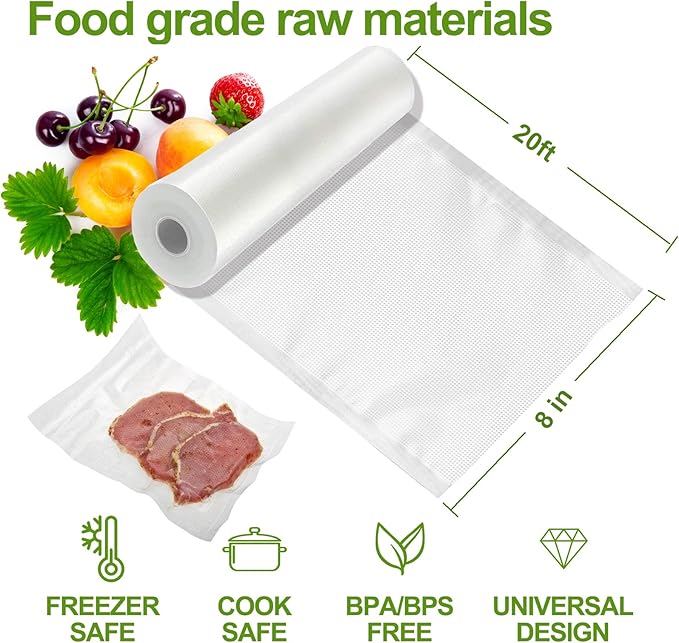 Vacuum Sealer Bags - 8" x 20' (3 Rolls) - Commercial Grade Sous Vide & Food Saver Rolls, Reusable & Resizable, Puncture Protected, Ideal for Cooking & Freezer Storage