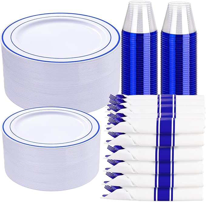 WELLIFE 350 Pieces Blue Plastic Plates - Disposable Silverware and Cups, Include: 50 Dinner Plates 10.25?? 50 Dessert Plates 7.5?? 50 Blue Cups 9 OZ, 50 Plastic Cutlery