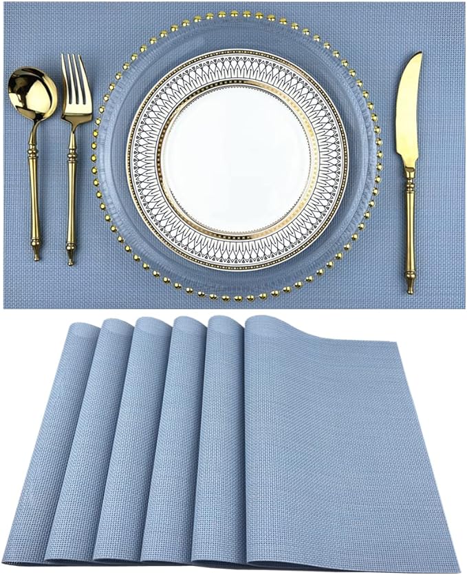 WAZAIGUR Placemats,Easy to Clean Crisscross Woven Vinyl Place Mats Durable Non-Slip Heat Resistant Table Mats,Placemats for Kitchen Table (Nattier Blue, 6)